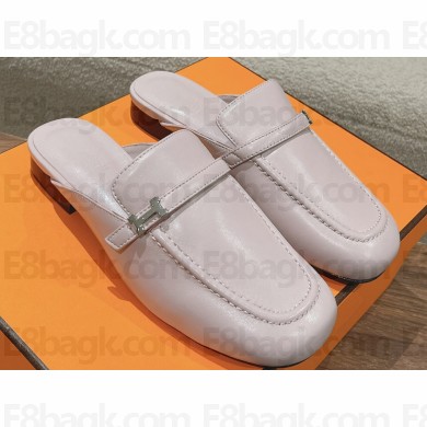 Hermes Groupie mules Light Pink in goatskin with palladium-plated Paris buckle
