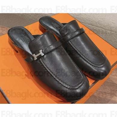 Hermes Groupie mules Black in goatskin with palladium-plated Paris buckle