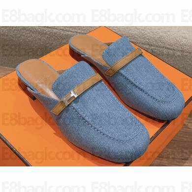 Hermes Groupie mules in denim Blue and calfskin with miniature permabrass-plated Paris buckle