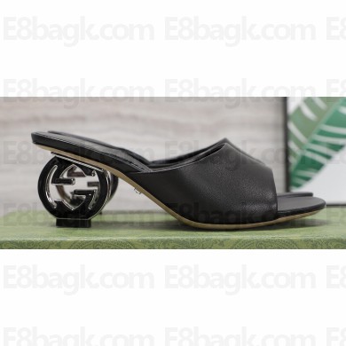 Gucci Heel 6cm Interlocking G heel Slide sandals 772569 Leather Black 2024