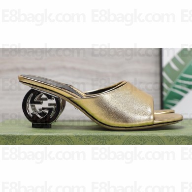 Gucci Heel 6cm Interlocking G heel Slide sandals 772569 Leather Gold 2024