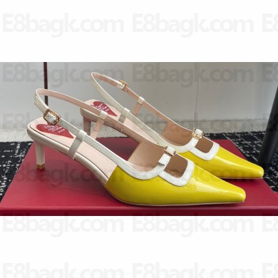 Roger Vivier Heel 5.5cm Mini Buckle Slingback Pumps in Patent Leather Yellow/White 2024