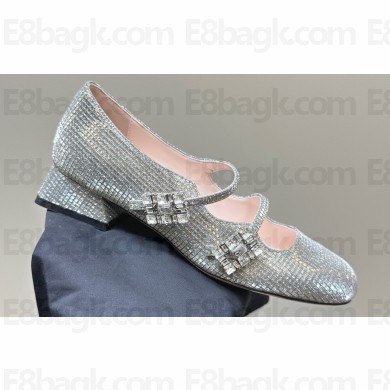 Roger Vivier Heel 3cm Trés Vivier Strass Buckle Mini Babies Ballerinas in Glitter Gray 2024
