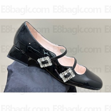 Roger Vivier Heel 3cm Trés Vivier Strass Buckle Mini Babies Ballerinas in Patent Leather Black 2024