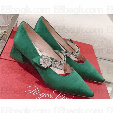 Roger Vivier Heel 4.5cm Bouquet Flower Babies Pumps in Satin Green 2024