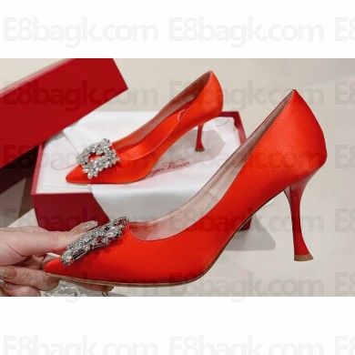 Roger Vivier Heel 8.5cm RV Bouquet Strass Buckle Pumps in Satin Red 2024