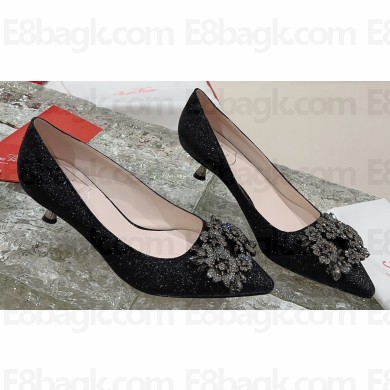 Roger Vivier Heel 4.5cm RV Bouquet Strass Buckle Pumps in Glitter Black 2024