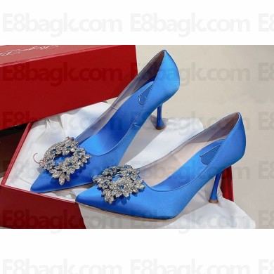 Roger Vivier Heel 8.5cm RV Bouquet Strass Buckle Pumps in Satin Blue 2024