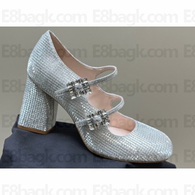 Roger Vivier Heel 8cm Trés Vivier Strass Buckle Mini Babies Ballerinas in Glitter Silver 2024
