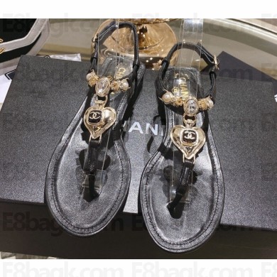 Chanel Heel 3cm Lambskin Crystal and Pearl Thong Sandals Black 2024
