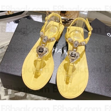 Chanel Heel 3cm Lambskin Crystal and Pearl Thong Sandals Yellow 2024