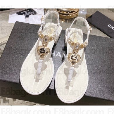 Chanel Heel 3cm Lambskin Crystal and Pearl Thong Sandals White 2024