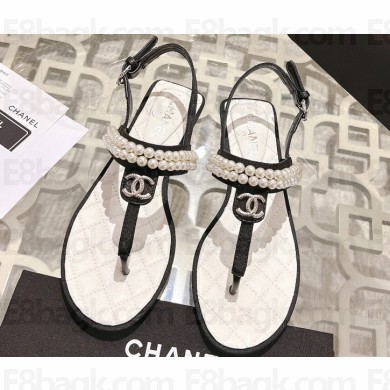 Chanel Heel 3cm Lambskin CC Logo and Pearl Thong Sandals Black 2024