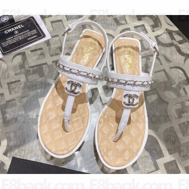 Chanel Lambskin CC Logo Chain Thong Sandals White 2024