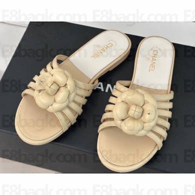 Chanel Lambskin tubular Mules with Camellia Beige 2024