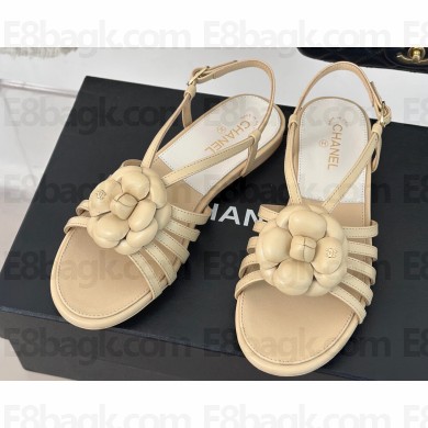 Chanel Lambskin tubular Sandals with Camellia Beige 2024