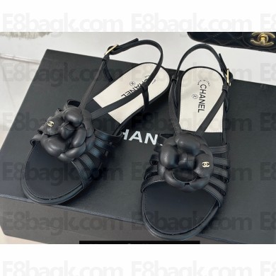 Chanel Lambskin tubular Sandals with Camellia Black 2024