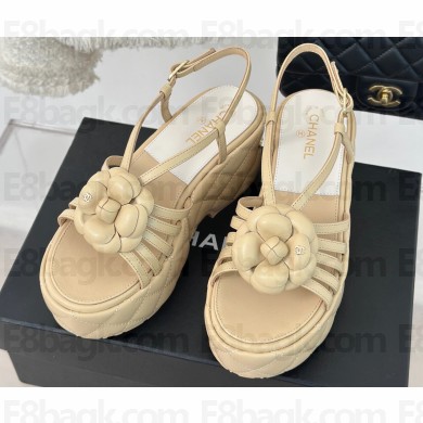 Chanel Lambskin tubular Platform Sandals with Camellia Beige 2024