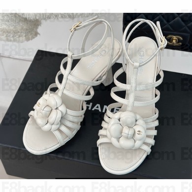Chanel Lambskin tubular Heel Sandals with Camellia White 2024