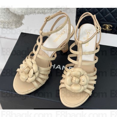 Chanel Lambskin tubular Heel Sandals with Camellia Beige 2024