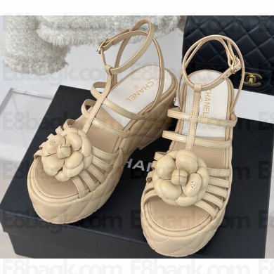 Chanel Lambskin tubular Platform Sandals with Ankle Strap and Camellia Beige 2024
