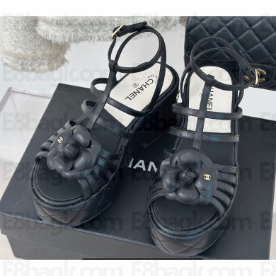 Chanel Lambskin tubular Platform Sandals with Ankle Strap and Camellia Black 2024