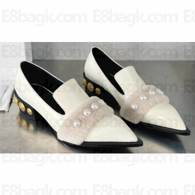 Balamin Shearling and Pearl Coin Loafers White 2024