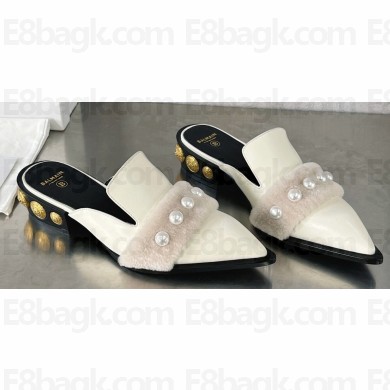 Balamin Shearling and Pearl Coin Mules White 2024