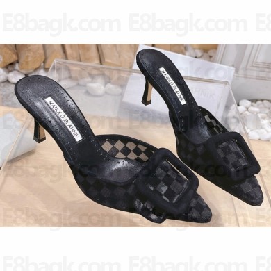 Manolo Blahnik Heel 7cm MAYSALEBI Mesh Checkered Mules Black