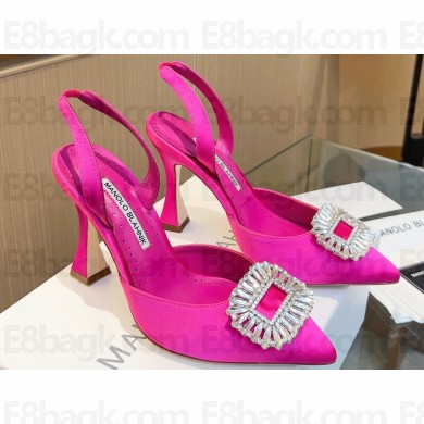 Manolo Blahnik Heel 9cm Prietasli Crystal Buckle Satin Slingback Pumps Fuchsia
