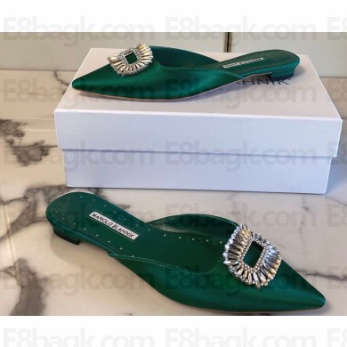 Manolo Blahnik Heel 1.5cm Satin Embellished Sigulona Flat Mules Green