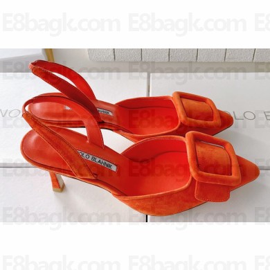 Manolo Blahnik Heel 7cm MAYSLI Suede Buckle Slingback Mules Orange