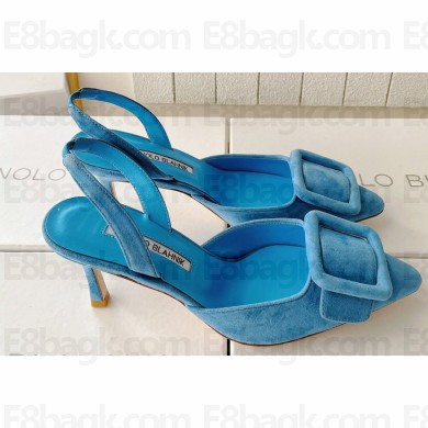 Manolo Blahnik Heel 7cm MAYSLI Suede Buckle Slingback Mules Blue