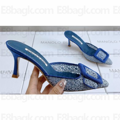 Manolo Blahnik Heel 7cm MAYSALEBI Lace Grosgrain Buckle Mules Blue