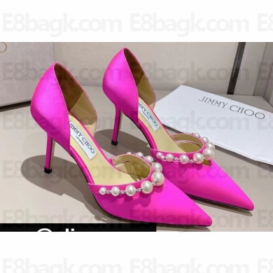 Jimmy Choo Heel 8.5cm Aurelie 85 Pointed Pumps Fuchsia Satin with Pearl Embellishment 2024
