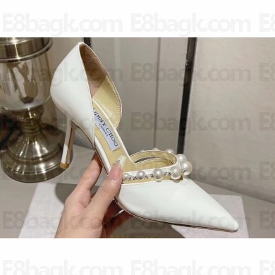 Jimmy Choo Heel 8.5cm Aurelie 85 Pointed Pumps Patent Leather White with Pearl Embellishment 2024