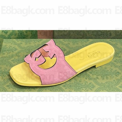 Gucci Women's Interlocking G cut-out Slide sandals 694451 Light pink and yellow suede 2024