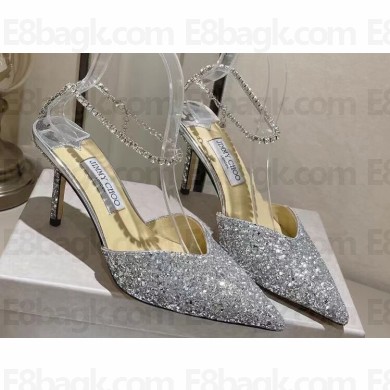 Jimmy Choo Heel 8.5cm Saeda 85 Pumps Glitter Silver with Crystal Embellishment 2024