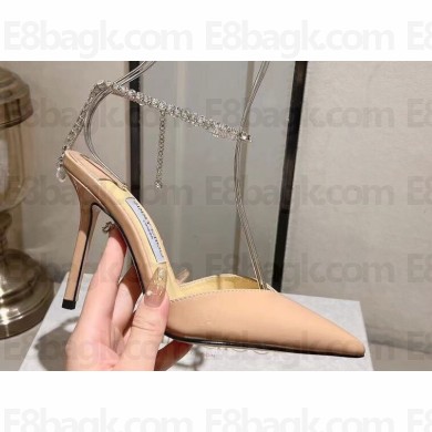 Jimmy Choo Heel 10cm Saeda 100 Pumps Patent Leather Nude with Crystal Embellishment 2024