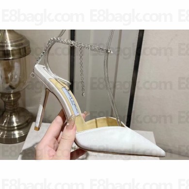 Jimmy Choo Heel 10cm Saeda 100 Pumps Satin White with Crystal Embellishment 2024