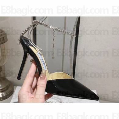 Jimmy Choo Heel 10cm Saeda 100 Pumps Patent Leather Black with Crystal Embellishment 2024