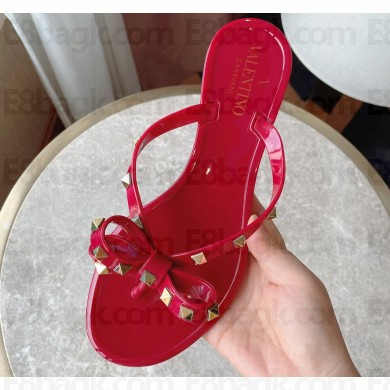 Cheap Sale Valentino Rubber Rockstud Thong PVC Flip Flops with Bow Red