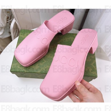 Cheap Sale Gucci Heel 5.5cm Platform 2.5cm Embossed Logo Rubber Mules Pink
