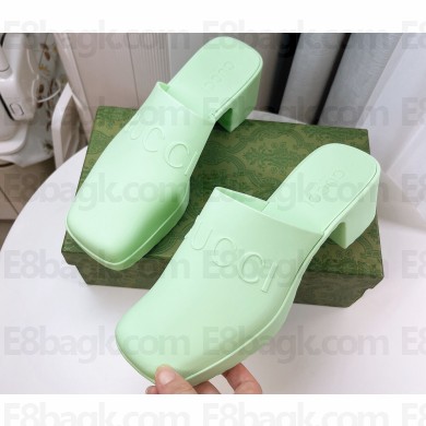 Cheap Sale Gucci Heel 5.5cm Platform 2.5cm Embossed Logo Rubber Mules Green