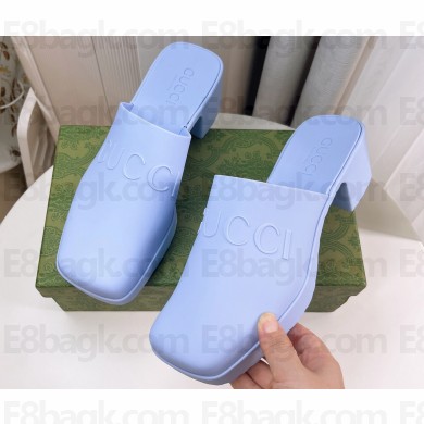 Cheap Sale Gucci Heel 5.5cm Platform 2.5cm Embossed Logo Rubber Mules Blue