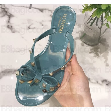 Cheap Sale Valentino Rubber Rockstud Thong PVC Flip Flops with Bow Blue
