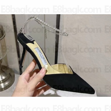 Jimmy Choo Heel 8.5cm Saeda 85 Pumps Suede Black with Crystal Embellishment 2024