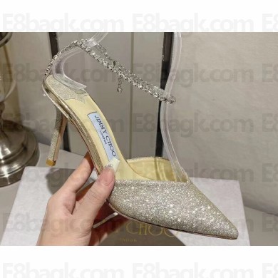 Jimmy Choo Heel 8.5cm Saeda 85 Pumps Glitter Gold with Crystal Embellishment 2024