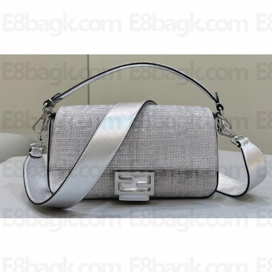 Fendi Medium Baguette Silver leather bag with crystal FF motif