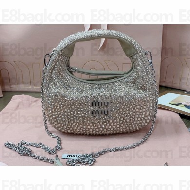 Miu Miu Wander satin and silk mini hobo bag with synthetic crystals 5BP078 Beige 2024